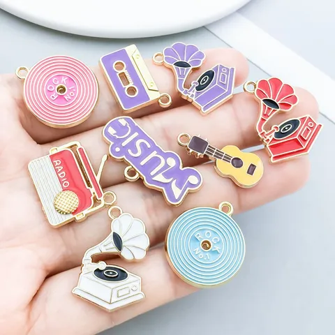 Musik Thema Legierung Emaille Anhänger Gitarre Klavier Radio Tape Musiknote Charms Für DIY Schmuck Herstellung Halsketten Zubehör Gemischte Farben