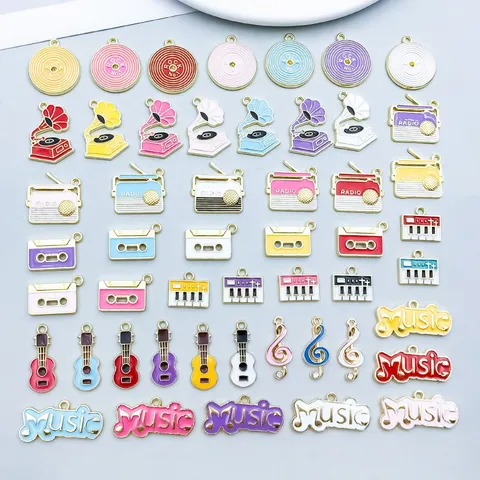 Musik Thema Legierung Emaille Anhänger Gitarre Klavier Radio Tape Musiknote Charms Für DIY Schmuck Herstellung Halsketten Zubehör Gemischte Farben