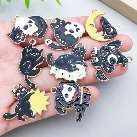 Halloween Enamel Alloy Cat Charms Mixed Pendants Skeleton Ghost Cat Charms For DIY Jewelry Making Accessories Gift