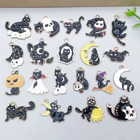 Halloween Enamel Alloy Cat Charms Mixed Pendants Skeleton Ghost Cat Charms For DIY Jewelry Making Accessories Gift