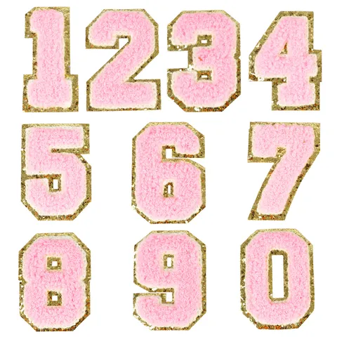 Pink Towel Embroidery Numeric Patch Gold Glitter Border DIY Clothing Accessories Iron On Applique Fabric Patch