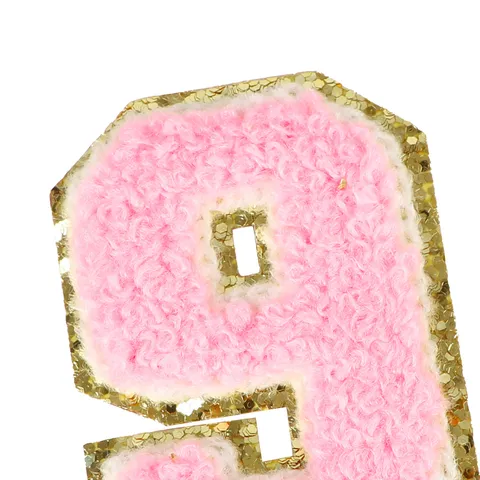 Pink Towel Embroidery Numeric Patch Gold Glitter Border DIY Clothing Accessories Iron On Applique Fabric Patch