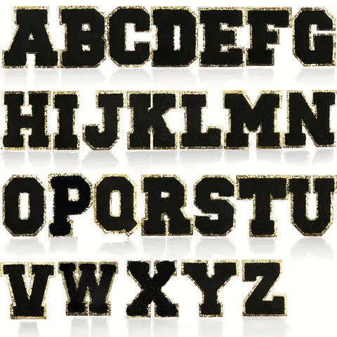Black Chenille Embroidery Alphabet Letters Patches Gold Glitter Edge Iron On DIY Clothing Applique Badge Accessories