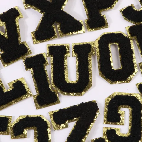 Black Chenille Embroidery Alphabet Letters Patches Gold Glitter Edge Iron On DIY Clothing Applique Badge Accessories