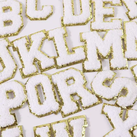 White Chenille Letter Embroidery Patch Gold Glitter Border DIY Clothing And Bag Decorative Applique