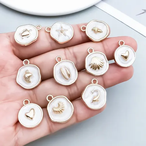 Colgante Esmaltado Marino de Aleación de Zinc Océano Delfín Estrella de Mar Concha Marina Redondo Corazón Charm Base Oro Blanco Esmaltado Joyería DIY Artesanía Accesorios
