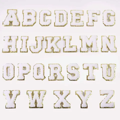 White Chenille Letter Embroidery Patch Gold Glitter Border DIY Clothing And Bag Decorative Applique