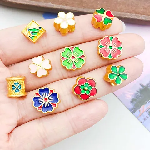 Enamel Zinc Alloy Sakura Four-Leaf Clover Charms Spacer Beads For DIY Bracelet Necklace Making Chinese Style Jewelry Accessories
