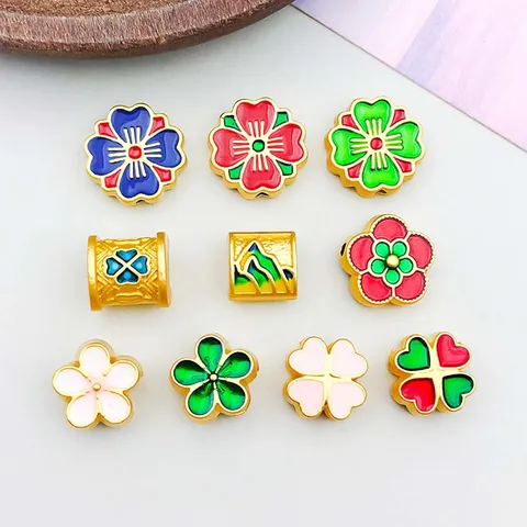 Enamel Zinc Alloy Sakura Four-Leaf Clover Charms Spacer Beads For DIY Bracelet Necklace Making Chinese Style Jewelry Accessories