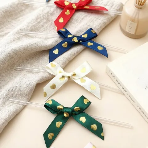 Polyester Ribbon Bows Gold Stamping Heart Twist Ties Decorative Crafts For Gift Box Packaging And DIY Hair Clips Making
