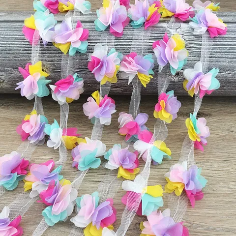 Bunter Chiffon Blumen Spitzenbesatz Stoffblumen Applikation Für DIY Handwerk Geschenkverpackung Nähzubehör