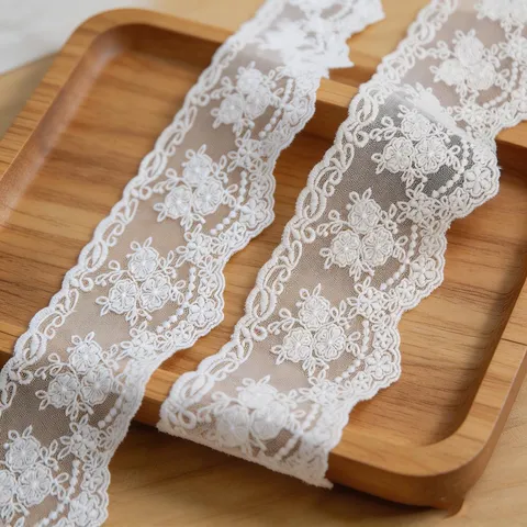 White Polyester Lace Trim Floral Embroidered Ribbon Fabric For Garment Sewing DIY Crafts Home Decor Embellishment
