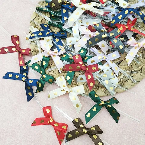Polyester Ribbon Bows Gold Stamping Heart Twist Ties Decorative Crafts For Gift Box Packaging And DIY Hair Clips Making