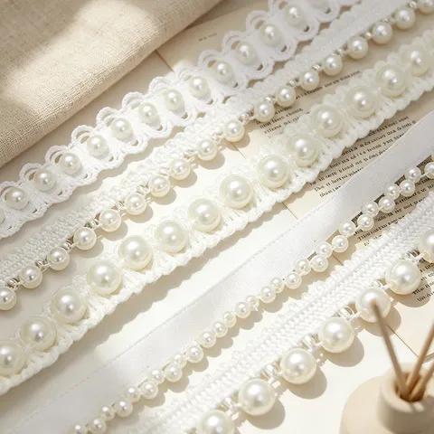 White Pearl Lace Trim Ribbon Polyester Artificial Pearl Beaded Ribbon For DIY Gift Packaging Garment Sewing Accessories