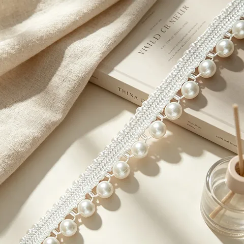 White Pearl Lace Trim Ribbon Polyester Artificial Pearl Beaded Ribbon For DIY Gift Packaging Garment Sewing Accessories