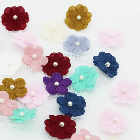 Fabric Five Petal Flower Patches With Artificial Pearl DIY Sewing Garment Trims For Home Decor Wedding Decoration