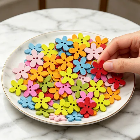 Colorful Cartoon Wooden Buttons Small Floral Pattern Two Holes For Sewing DIY Craft Clothes Decoration