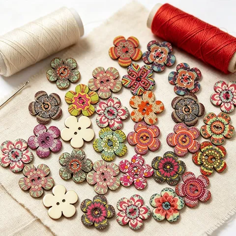 Vintage Plum Blossom Wooden Buttons Painted Floral Pattern 2 Hole Sewing Buttons For Garment DIY Craft Decor