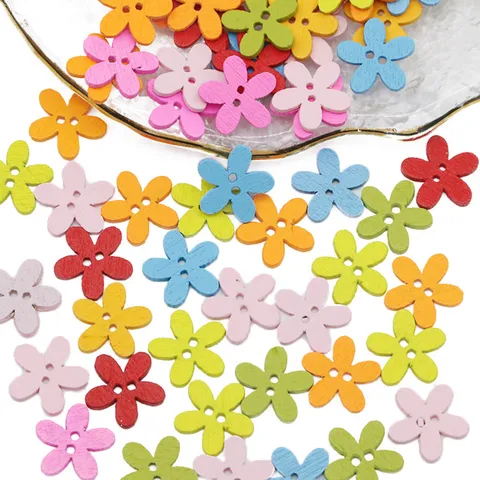 Colorful Cartoon Wooden Buttons Small Floral Pattern Two Holes For Sewing DIY Craft Clothes Decoration