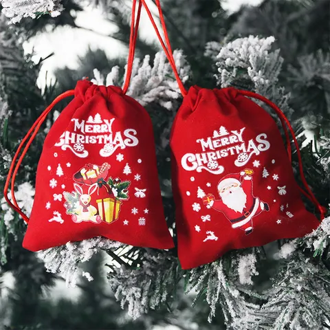 Christmas Velvet Gift Bags Drawstring Holiday Party Decoration Red Pouch For Apple Candy Festival Present
