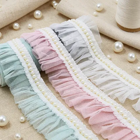 Pearl Pleated Tulle Lace Trim Ribbon Fabric For Sewing Wedding Dress Garment DIY Craft Decoration