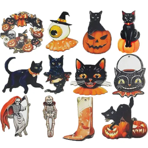 Halloween Wooden Hanging Pendants Pumpkin Black Cat Skull Print Party Decorative Ornaments Festival Decor