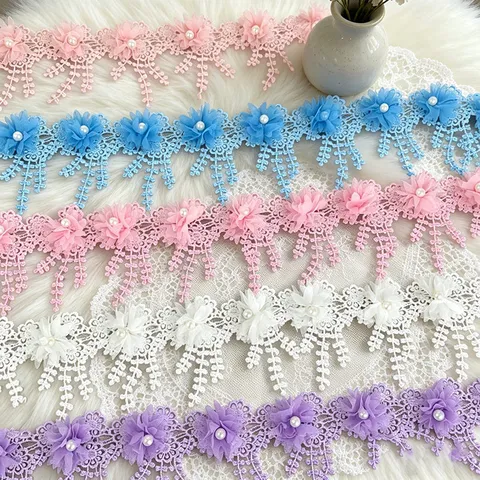 Polyester Floral Lace Trim Ribbon With Artificial Pearls For Wedding Gift Wrapping DIY Craft Sewing Accessories