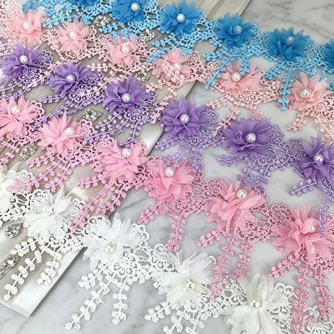 Polyester Floral Lace Trim Ribbon With Artificial Pearls For Wedding Gift Wrapping DIY Craft Sewing Accessories