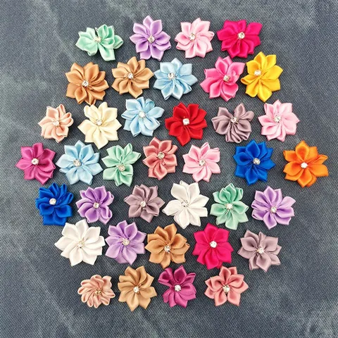 Ribbon Rose Flower Applique With Rhinestone Embellishment For Wedding Craft Sewing DIY Garment Decoration