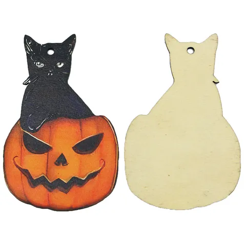 Halloween Wooden Hanging Pendants Pumpkin Black Cat Skull Print Party Decorative Ornaments Festival Decor