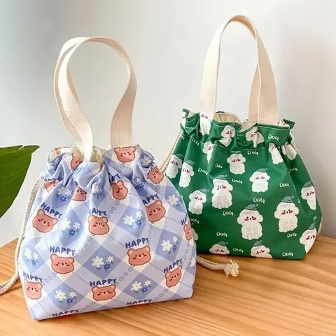 Japanese Cartoon Drawstring Lunch Bag Cute Portable Tote Handbag Women Student Office Bento Storage Pouch