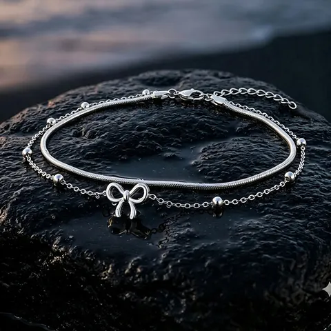 Stainless Steel Double Layered Bowknot Anklet For Women Gold Silver Plated Bead Blade Snake Chain Anklet Beach Jewelry Gift