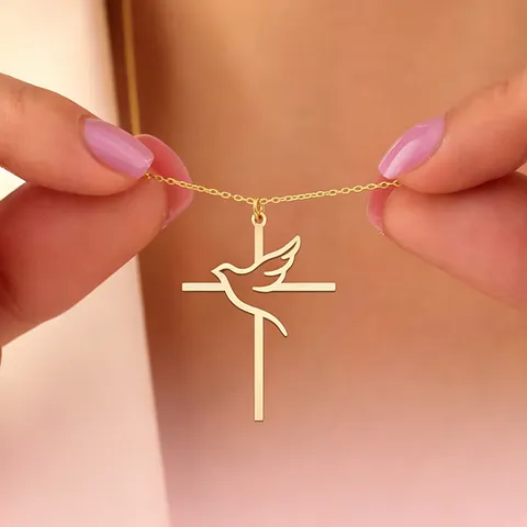 Minimalist Stainless Steel Hollow Peace Pigeon Cross Pendant Necklace For Women Faith Religious Dove Charm Jewelry Gift