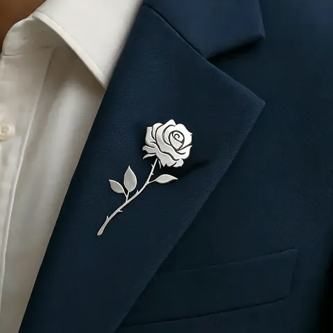 Elegant Stainless Steel Rose Brooch Pin Botanical Floral Electroplated Dress Suit Badge Accessories For Business Banquet Unisex Jewelry