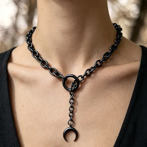 Collar en Y Gótico de Aleación con Colgante de Punta y Luna Cadena Gruesa Joyería Streetwear para Mujer Collar de Eslabones Gruesos
