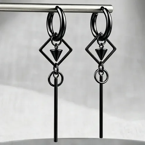 Punk Gothic Stainless Steel Geometric Cone Tassel Drop Earrings For Women Men Unisex Punk Jewelry Square Round Hoop Ear Jewelry