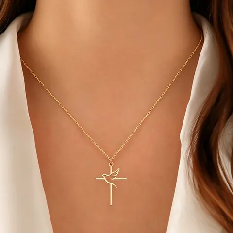 Minimalist Stainless Steel Hollow Peace Pigeon Cross Pendant Necklace For Women Faith Religious Dove Charm Jewelry Gift