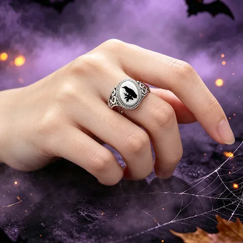 Anillo de Silueta de Cuervo Gótico Brujeril Chapado en Plata Joyería de Vidrio para Mujeres Hombres Regalo de Halloween Anillo Vintage