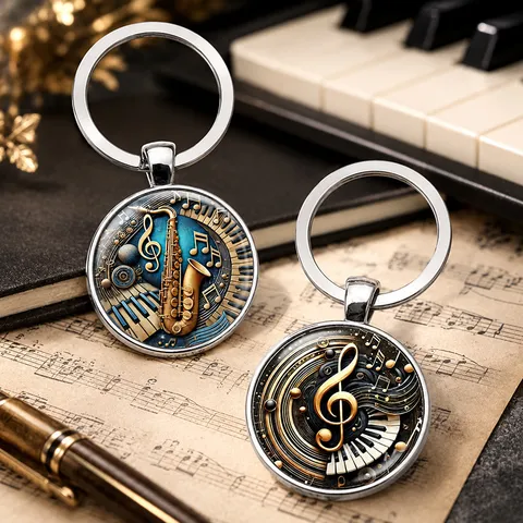 Retro Music Note Keychain Vintage Saxophone Piano Glass Cabochon Pendant Music Teacher Student Gift Keychain Jewelry Accessory
