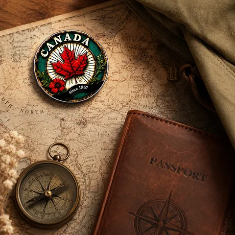 Vintage Canada Maple Leaf Round Brooch Pin Alloy Glass Cabochon Badge Retro Travel Souvenir Jewelry For Bag Denim Jacket