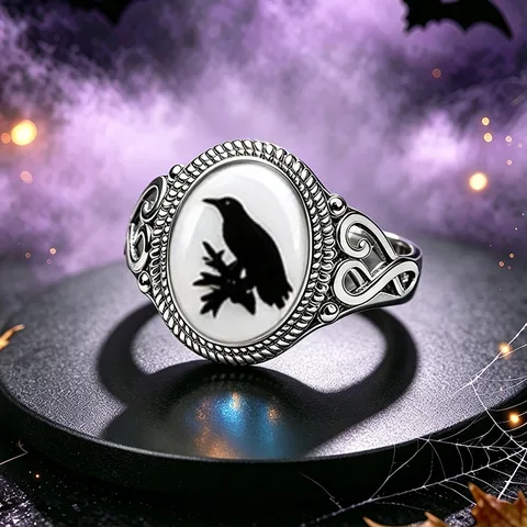 Anillo de Silueta de Cuervo Gótico Brujeril Chapado en Plata Joyería de Vidrio para Mujeres Hombres Regalo de Halloween Anillo Vintage