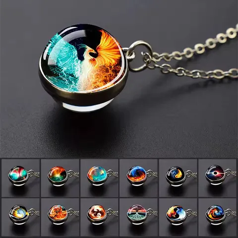 Collana con Ciondolo Rotondo in Vetro Aurora Yin Yang Fenice di Ghiaccio e Fuoco per Uomo Donna Catena in Lega Gioielli Galassia Regalo di Compleanno