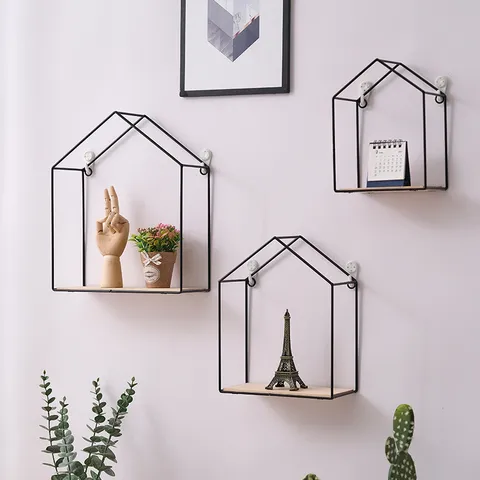 Nordic House Shaped Wall Mounted Floating Shelf Metal Storage Rack Wood Base Home Kitchen Decor Living Room Organizer