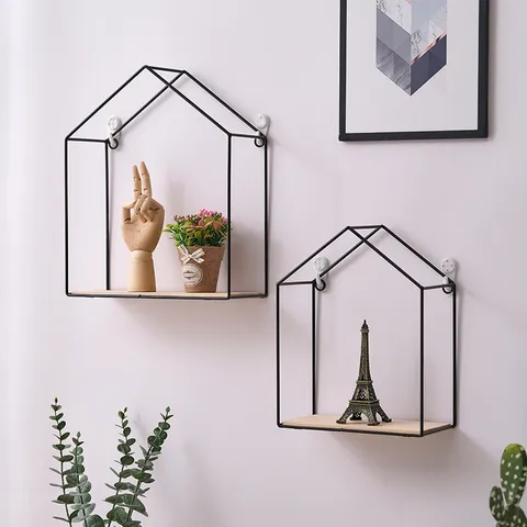 Nordic House Shaped Wall Mounted Floating Shelf Metal Storage Rack Wood Base Home Kitchen Decor Living Room Organizer
