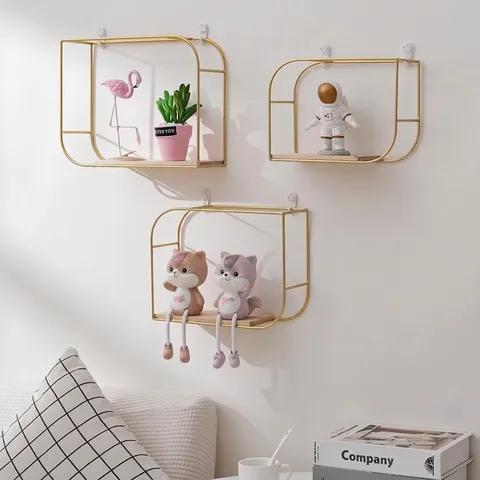 European Iron Wood Geometric Rectangle Wall Mounted Floating Shelf Large Gold Black Punch-Free Decorative Storage Rack For Home