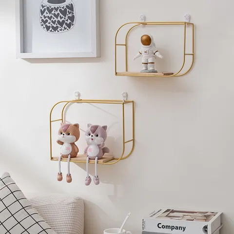 European Iron Wood Geometric Rectangle Wall Mounted Floating Shelf Large Gold Black Punch-Free Decorative Storage Rack For Home