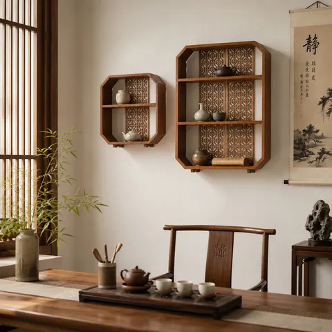 Klassisches Chinesisches Kiefernholz Wandregal Zen-Stil Hohles Geschnitztes Holz-Aufbewahrungsregal Für Teestube Wohnzimmer Dekor
