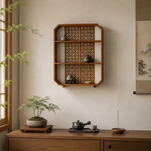 Klassisches Chinesisches Kiefernholz Wandregal Zen-Stil Hohles Geschnitztes Holz-Aufbewahrungsregal Für Teestube Wohnzimmer Dekor
