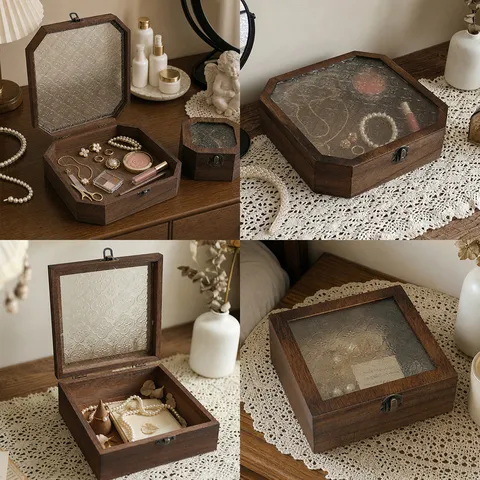 Vintage Walnut Wood Jewelry Box Begonia Pressed Glass Lid Decorative Storage Box For Rings Earrings Home Decor Organizers