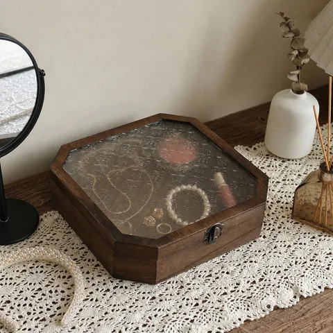 Vintage Walnut Wood Jewelry Box Begonia Pressed Glass Lid Decorative Storage Box For Rings Earrings Home Decor Organizers